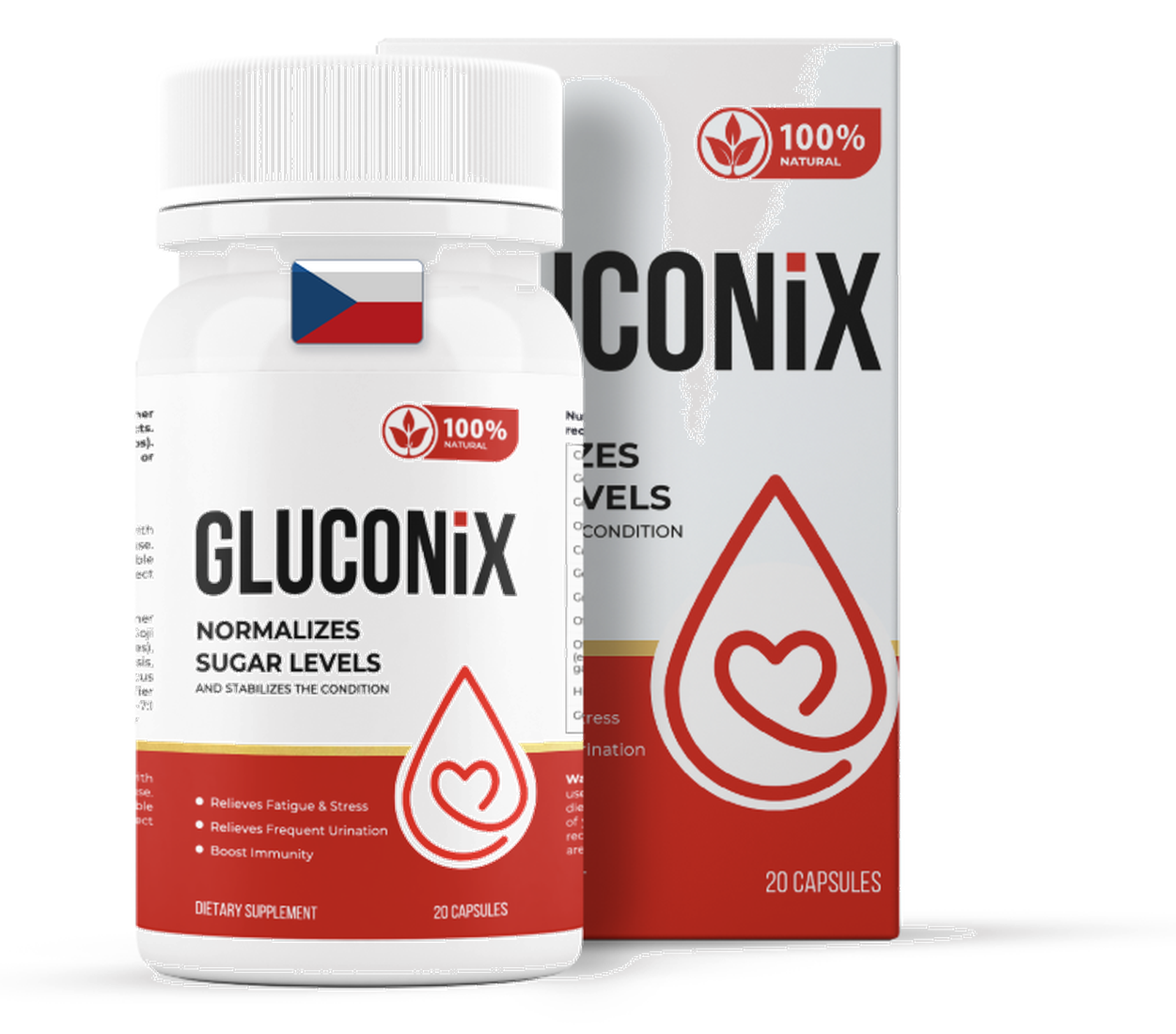 Gluconix — lahvička a krabička doplňku stravy, 20 kapslí, s českou vlajkou