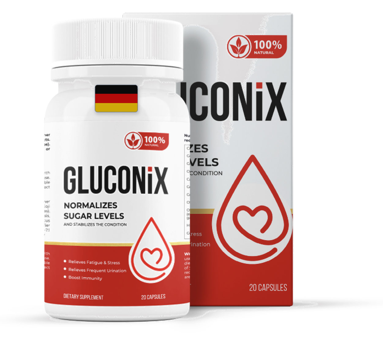 Gluconix — Flasche und Schachtel des Nahrungsergänzungsmittels, 20 Kapseln, mit deutscher Flagge