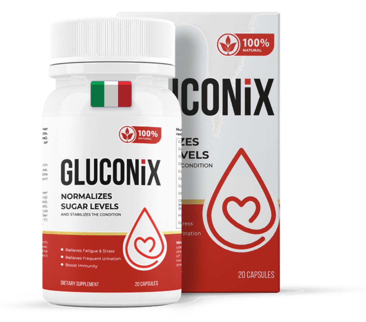 Gluconix — flacone e confezione dell’integratore alimentare, 20 capsule, con bandiera italiana