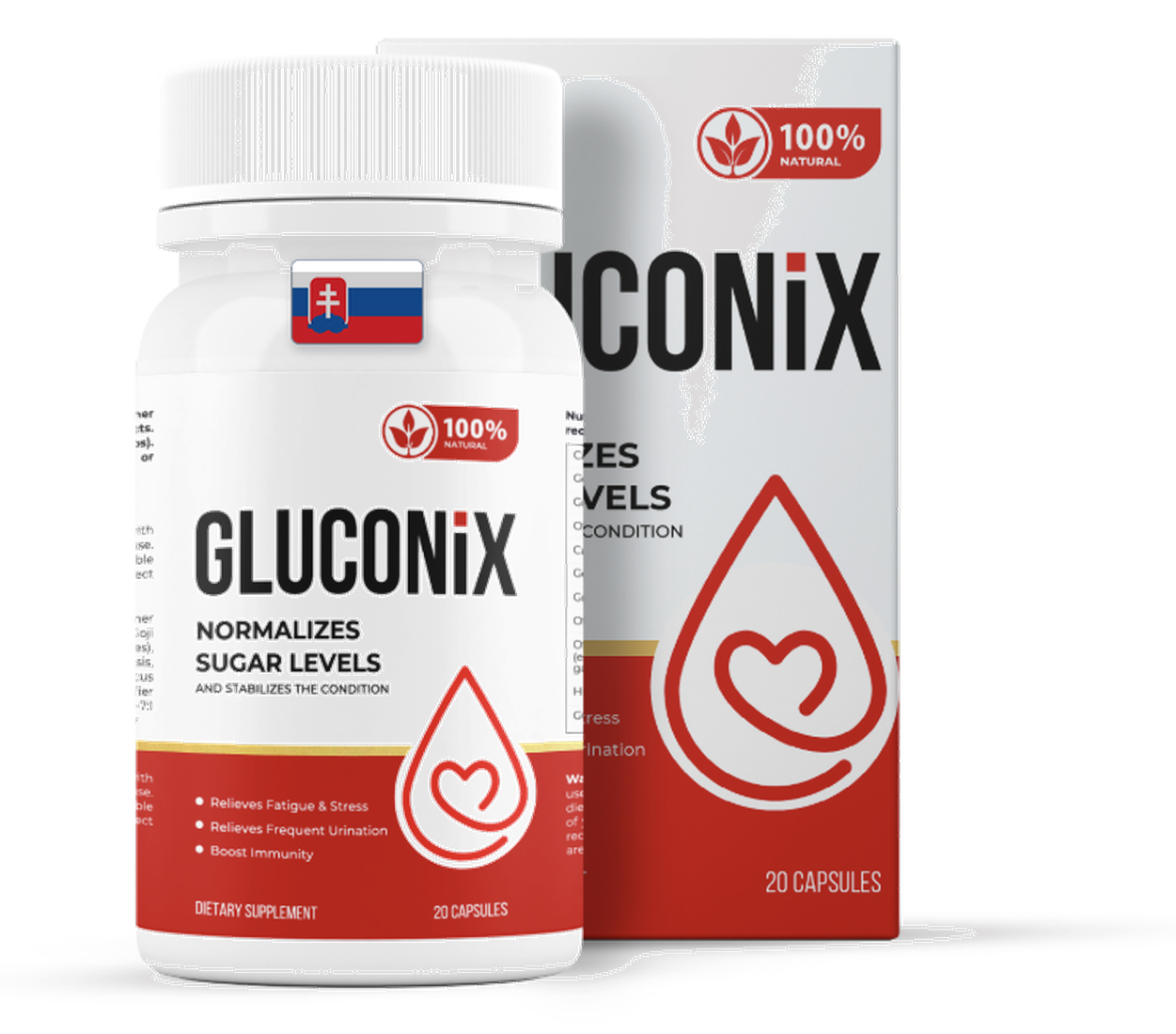 Gluconix — fľaštička a škatuľka výživového doplnku, 20 kapsúl, so slovenskou vlajkou