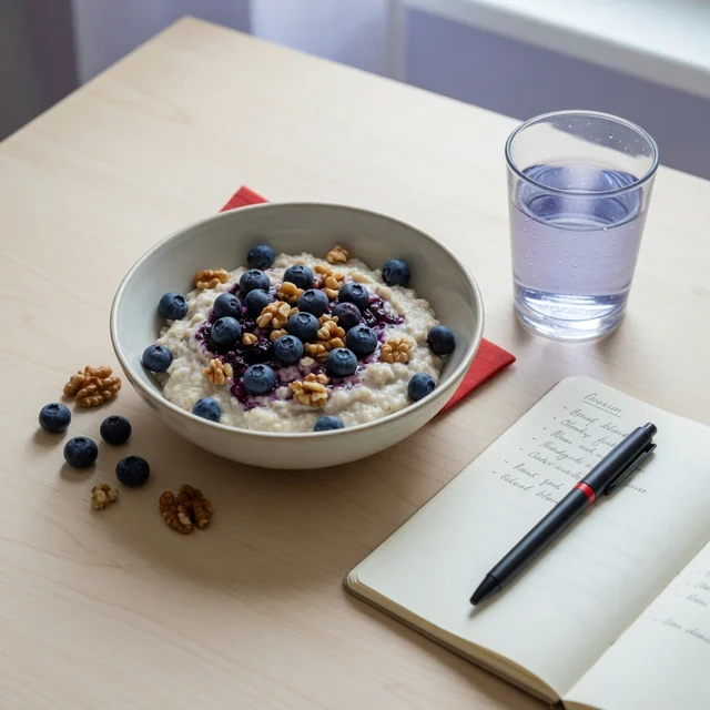 Porridge d’avena con mirtilli e noci, un bicchiere d’acqua e un quaderno