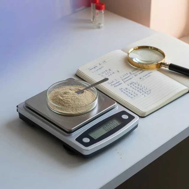 Bilancia da laboratorio con polvere vegetale, quaderno con misurazioni e lente d’ingrandimento